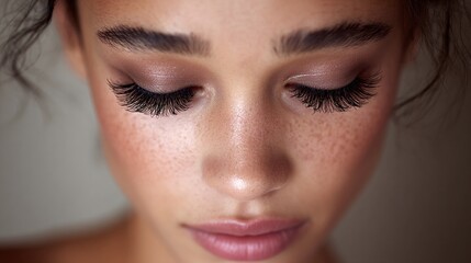 Fototapeta premium Close-up of a woman's face with flawless makeup, accentuated by long, dramatic eyelashes, soft eye shadow, smooth skin and freckles. A delicate, natural beauty.