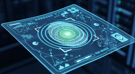 Futuristic fingerprint scanner interface with digital elements and server room background.