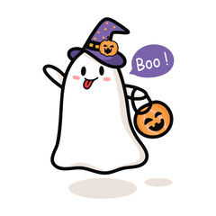 Adorable Ghost Holding Pumpkin BucketHalloween Party.