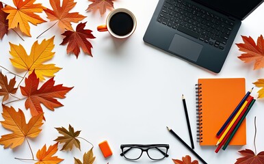 Autumn leaves laptop coffee notebook pencils glasses maple fall