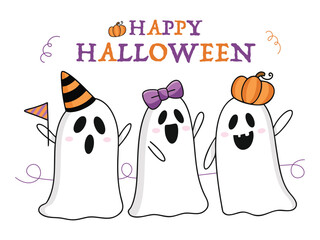 Cute Halloween Ghosts Characters Set With Party Hats And Pumpkin Hats.