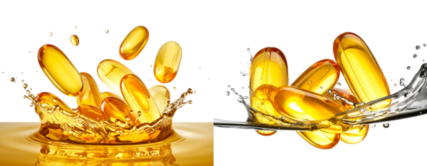 Sat Design - Sat if Scattered Omega-3 Soft Gels Splashing into Water – Transparent Background