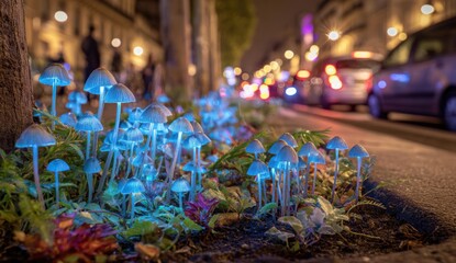 Illuminated mushrooms line a city street at night