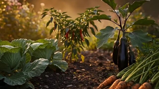 Bountiful vegetable garden with fresh carrots, cabbage, chili, and eggplant thriving in rich soil during golden hour