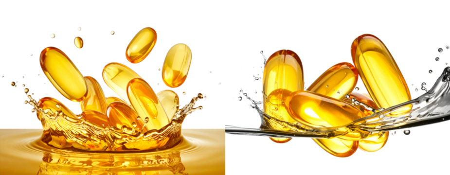 Sat Design - Sat if Scattered Omega-3 Soft Gels Splashing into Water – Transparent Background