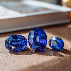 Three oval-shaped sapphires on a brown surface
