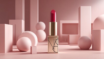 Elegant lipstick display with flowers on pastel podium background, luxury cosmetic branding design for fashion beauty and product marketing visuals