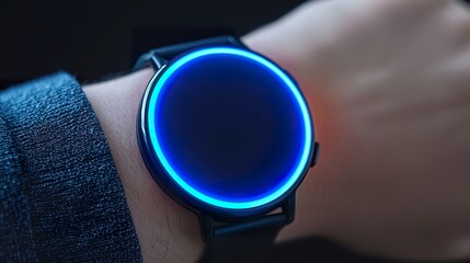 Bio-integrated smartwatch glucose sensor close-up, faint glowing light on skin, subtle needle, medical precision.