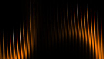 Abstract dynamic orange translucent stripes and light waves on black background, modern digital gradient fractal ripple glass flame pattern texture, futuristic decorative backdrop