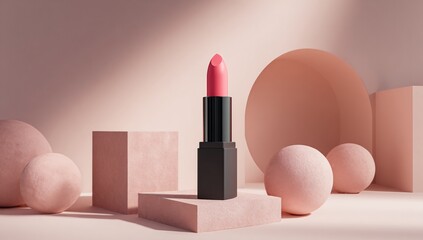 Elegant lipstick display with flowers on pastel podium background, luxury cosmetic branding design for fashion beauty and product marketing visuals