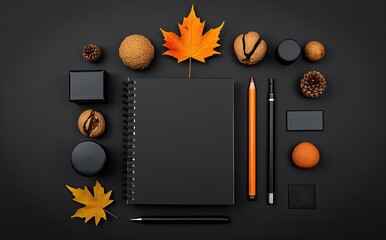Autumnal objects arranged on black surface maple leaf