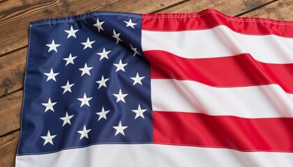 Fototapeta premium American flag displayed on wooden surface with folds and waves 