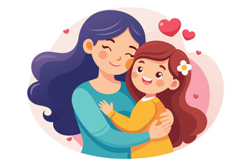 Mother and daughter share a joyful embrace with love and happiness in a colorful illustration