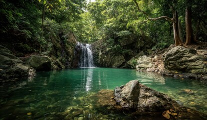 Lush waterfall cascading into a tranquil pool surrounded by dense jungle