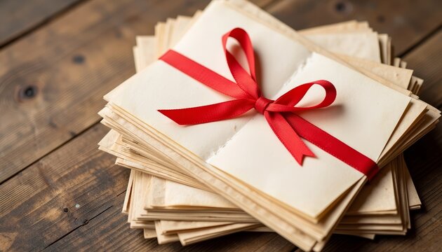 Stack of elegant envelopes tied with red ribbon on wooden table