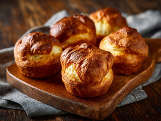 Freshly baked popovers on a wooden board with a rustic cloth background