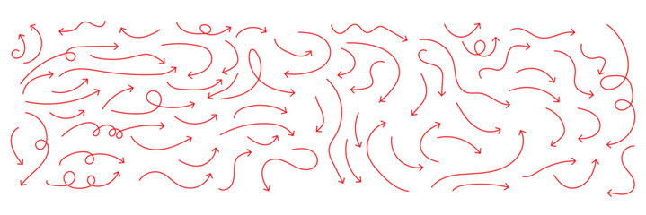 Squiggly red arrow set. Chalk elements in flat style. Doodle movement spiral arrows, scribble, lines. Hand drawn pencil brush for icon, children sketch. Vector illustration on white background.