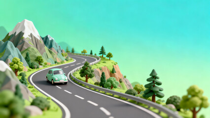 Green Car Driving on a Mountain Road