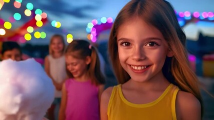 A girl at a carnival holds a cotton candy with a black mustache design, with colorful lights in the background.