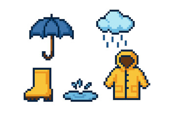 Colorful pixel art featuring rain gear and weather elements for a playful design approach