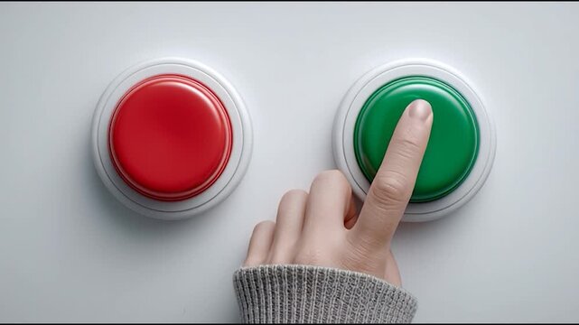 A finger pressing a red button, situated next to a green button on a minimalistic background, illustrating a choice or decision-making scenario.