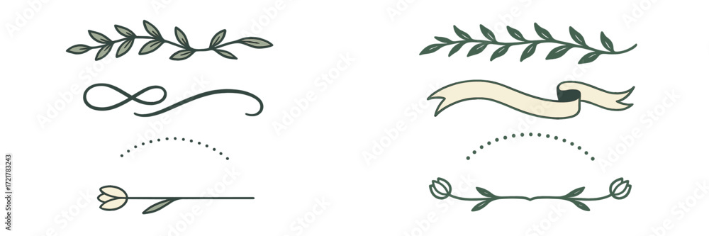 Aufkleber design elements featuring botanical illustrations and decorative ribbons for creative projects and c