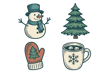 Cheerful winter elements featuring a snowman, Christmas tree, cozy mittens, and hot cocoa with marshmallows