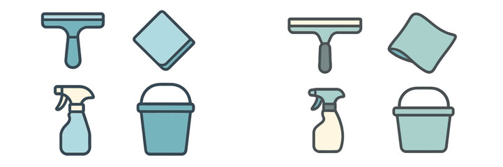 Cleaning supplies arranged neatly in a graphic style showcasing various tools and equipment for household chores
