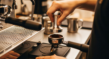 Barista tamping coffee grounds in portafilter for espresso machine.