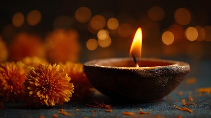 A traditional diya lamp with a flickering flame sits on a table. Surrounding it are vibrant marigold flowers, symbolizing Diwali celebrations in India.