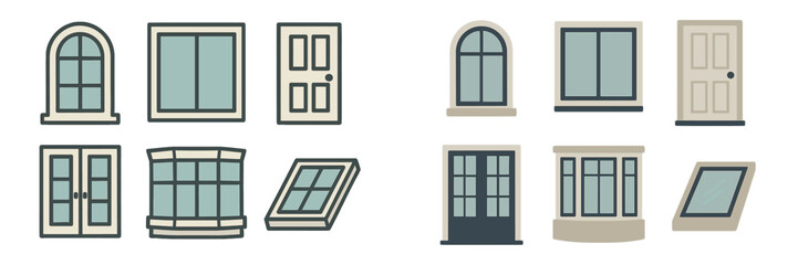Collection of various window and door designs featuring modern and traditional styles displayed in a creative arrangement