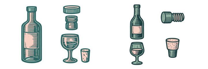 Collection of vintage drinkware and bottles in various shapes and sizes on a white background