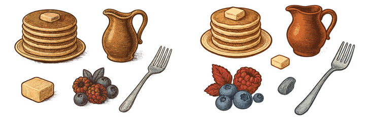 Obraz na płótnie Canvas Delicious stack of pancakes served with butter, syrup, and fresh berries on a breakfast table