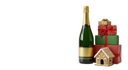 Bottle of champagne with red and green gift boxes and gingerbread house on white background, perfect for Christmas and holiday celebrations