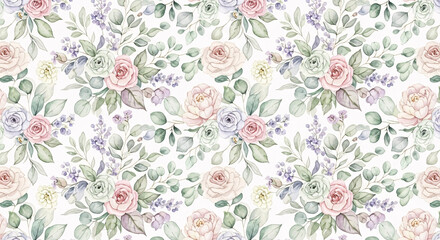 Watercolor floral pattern with pastel roses and eucalyptus.