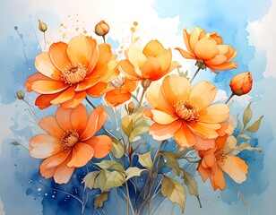 Orange floral bouquet in watercolor style