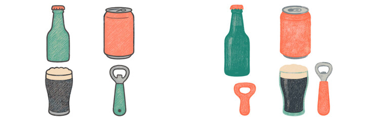 Obraz na płótnie Canvas Colorful illustration of bottles, cans, glasses, and a bottle opener on a light background in a fun, simple style