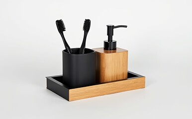 Black and wood bathroom accessories set with toothbrushes and dispenser image