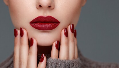 Glamorous closeup of red lips and nails with bold lipstick and manicure, beauty cosmetics makeup background for fashion and luxury branding visuals