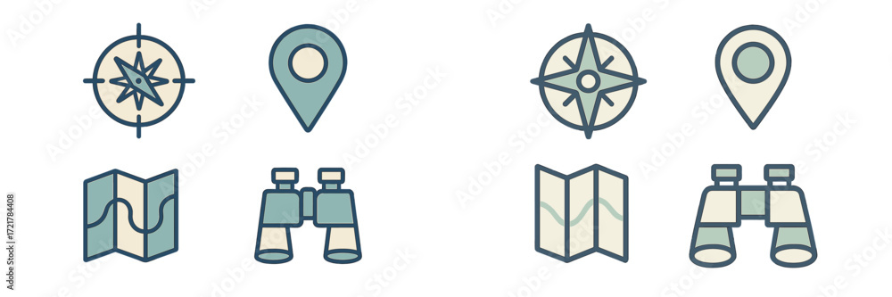 Aufkleber adventure symbols showcasing navigation tools and exploration icons in a clean design