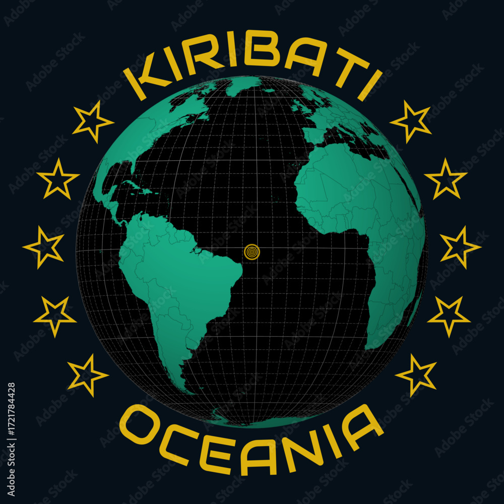 Aufkleber kiribati on globe. round country and continent name text. country view on world map in black emerald