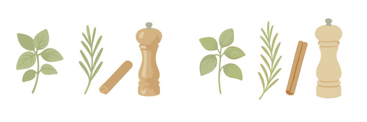 Herbs and spices arranged with wooden pepper mills on a light background showcasing culinary ingredients for cooking