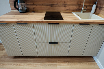 This modern minimalist kitchen features sleek cabinetry, complemented by beautiful natural wood...