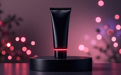 Black cosmetic tube with red glow on pedestal image