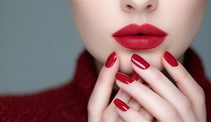 Glamorous closeup of red lips and nails with bold lipstick and manicure, beauty cosmetics makeup background for fashion and luxury branding visuals