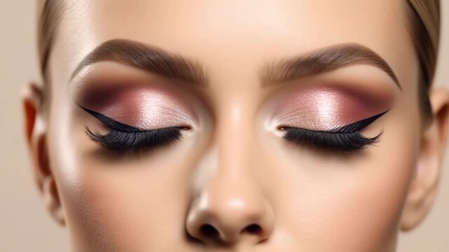 Closeup of a womans eyes with dramatic makeup, featuring shimmering eyeshadow, winged eyeliner, and long lashes