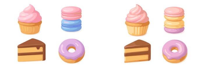Colorful dessert emojis featuring cupcakes, macarons, cakes, and donuts in playful arrangements