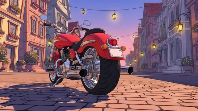 Red cruiser motorcycle parked city street cartoon style