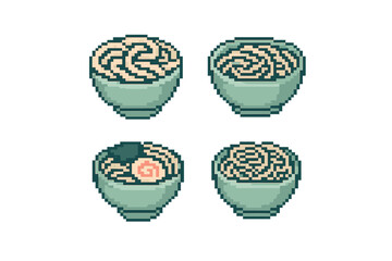 Different styles of pixel art ramen bowls designed with various toppings for a fun culinary visual experience