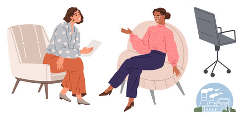 Two women engaged in conversation on modern chairs, professional interaction. Nearby office chair, industrial facility. Ideal for communication, collaboration, consulting, industry, environment